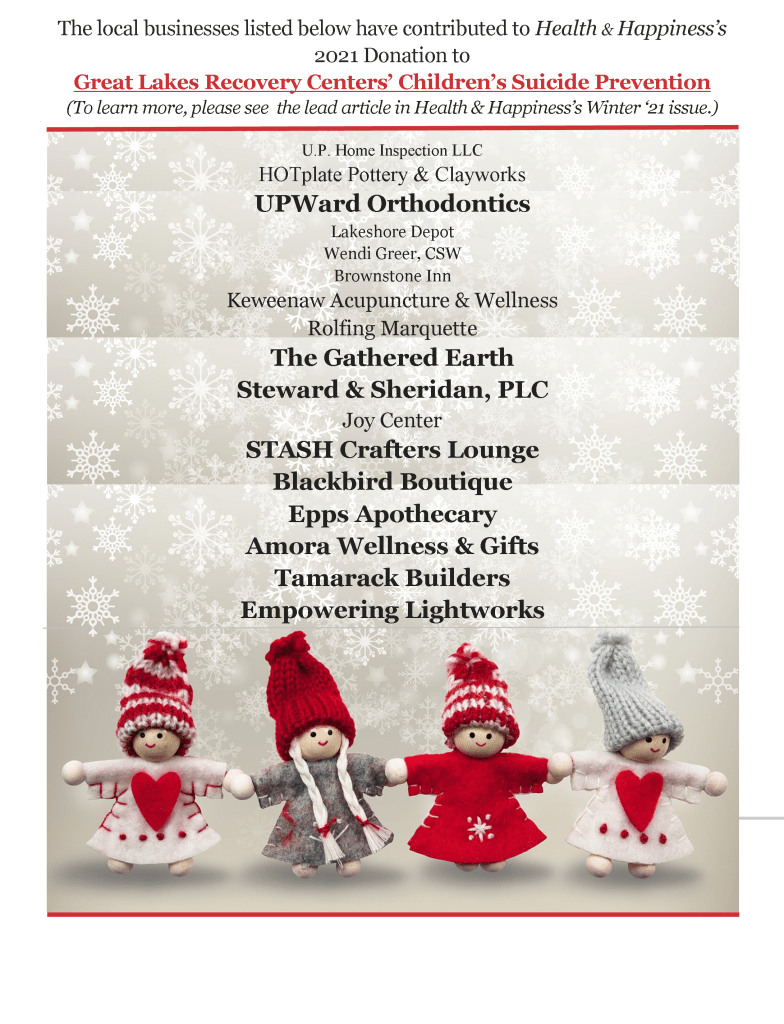 donation to Great Lakes Recovery Centers, Great Lakes Recovery Centers children's suicide prevention, businesses donating to Great Lakes Recovery Centers' children's suicide prevention, U.P. holistic business, U.P. wellness publication, free Central & Western U.P. paper, leading local independent U.P. wellness publication